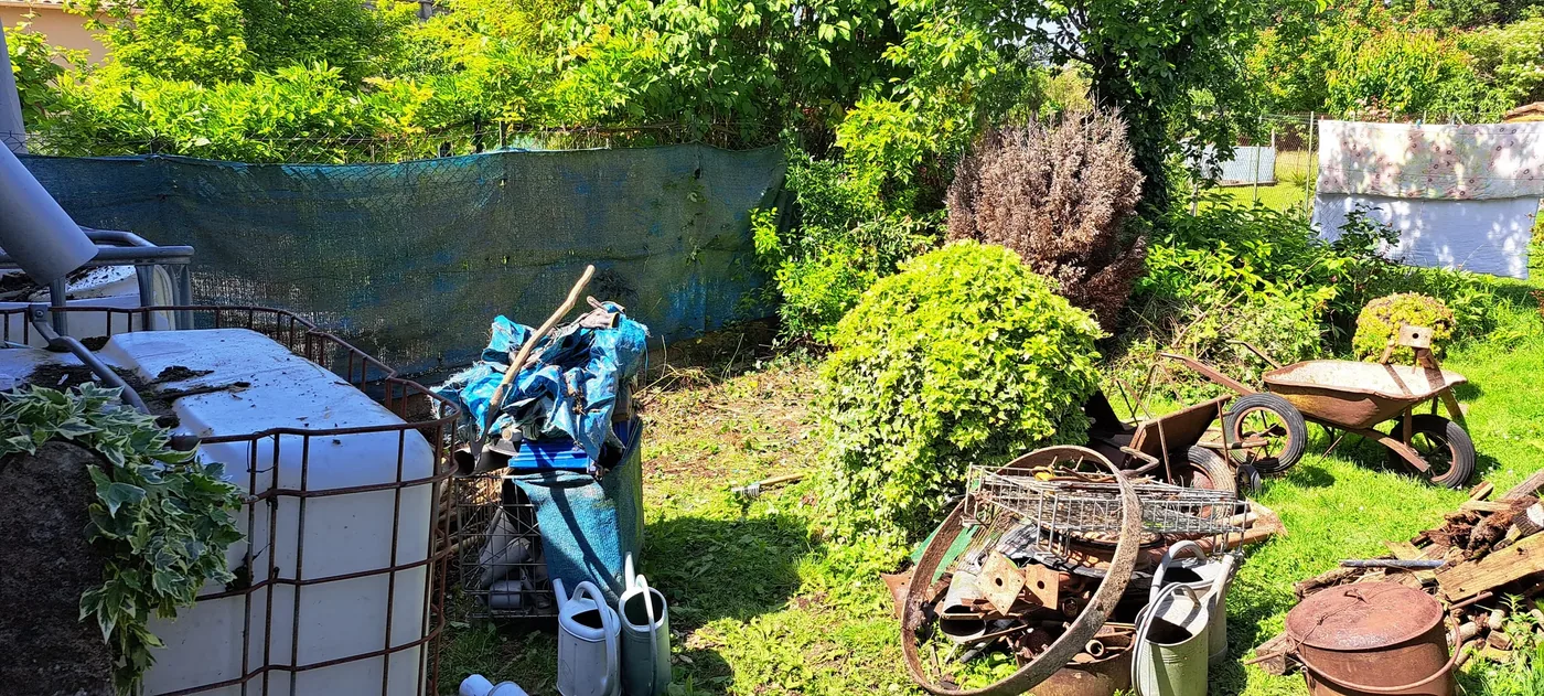 Jardin oublié encombré d'objets, de ferraille et de végétation avant intervention